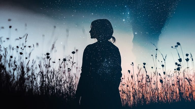 Double exposure of a silhouette of a woman standing in a field at dusk