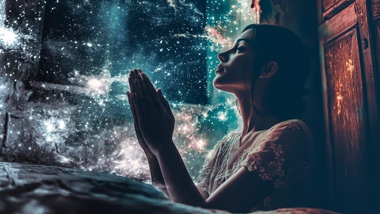 Double exposure of a woman praying with hands together