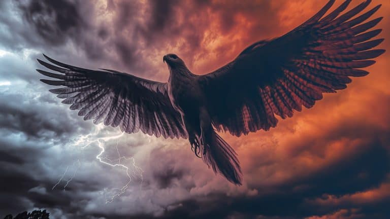 Double exposure of an eagle with wings spread wide and a stormy red sky with lightning: power and intensity concept.