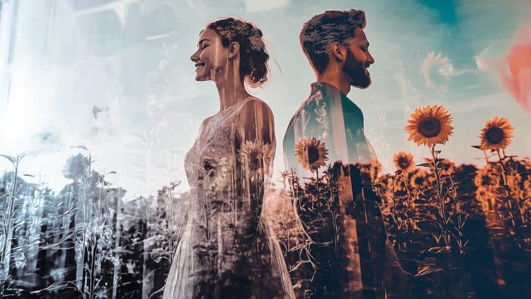 Double exposure of a woman and man standing back to back