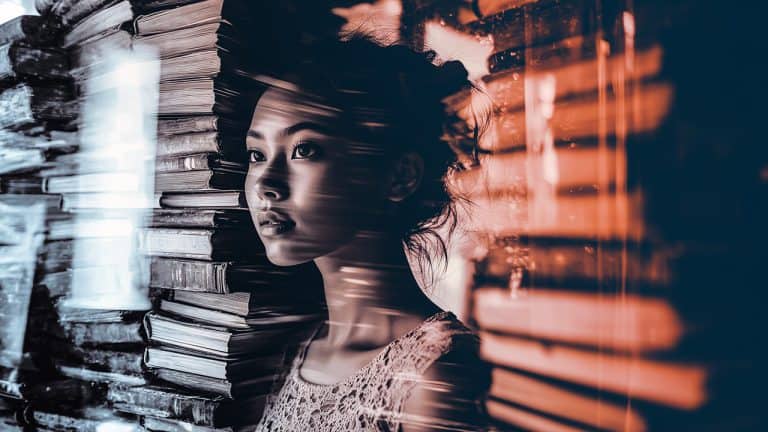 Double exposure of a woman's thoughtful face and stacks of old books: introspection and knowledge concept.