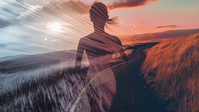 Double exposure of a silhouette of a woman running and a sunset over a winding road through golden fields: freedom and vitality concept.