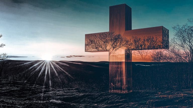 Double exposure of a sunrise over a forested landscape and a large transparent cross reflecting tree branches: spirituality and nature concept.