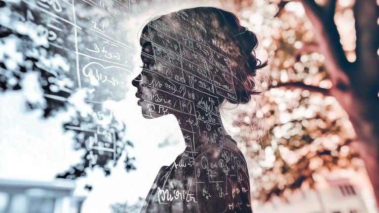 Double exposure of a woman's silhouette filled with mathematical equations and a background of blurred green trees: intellect and nature concept.