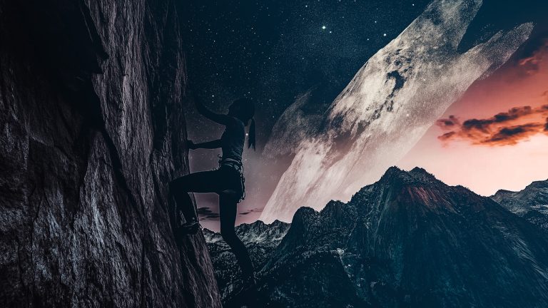 Double exposure of a woman climbing a rock face and a starry night sky with a large moon: adventure and exploration concept.