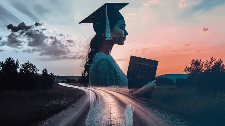 Double exposure of a woman in a graduation cap holding a diploma