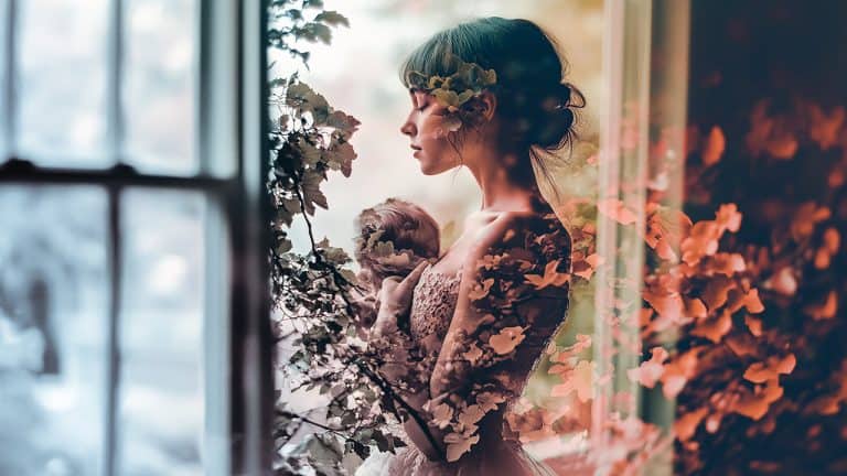 Double exposure of a woman holding a baby by a window