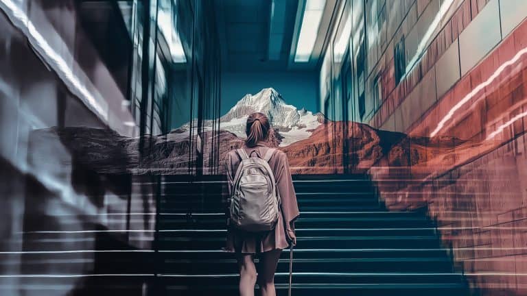 Double exposure of a woman walking up a staircase in a modern building