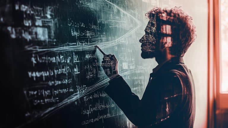 Double exposure of a man writing mathematical equations on a chalkboard and a cityscape reflection on glass: knowledge and innovation concept.