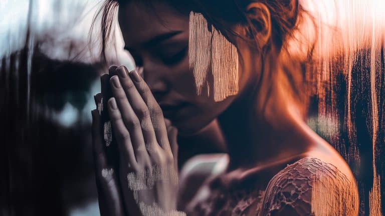 Double exposure of a woman with hands in prayer position and eyes closed