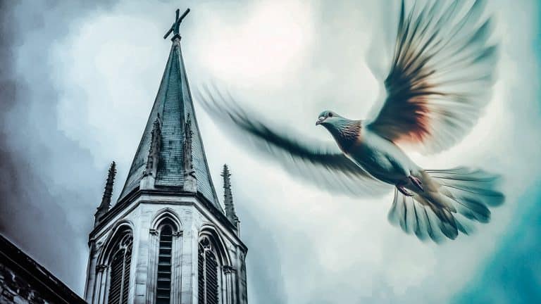 Double exposure of a church steeple topped with a cross and a dove in flight with blurred wings: peace and spirituality concept.