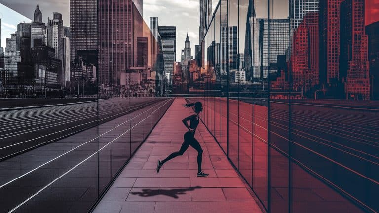 Double exposure of a silhouette of a woman running and a city skyline with reflective glass buildings in a red overlay: urban energy and motion concept.