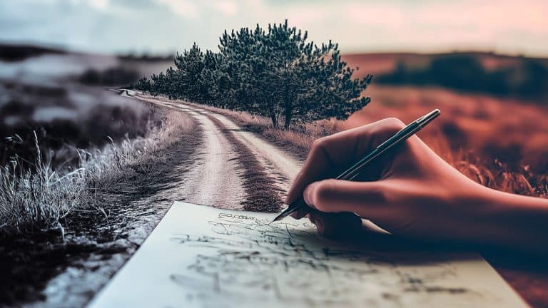 Double exposure of a hand writing with a pen on paper