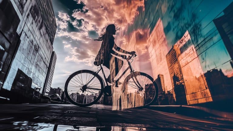 Double exposure of a silhouette of a woman riding a bicycle and the reflection of urban buildings in glass: freedom and urban exploration concept.