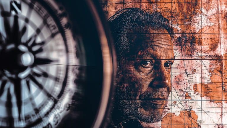 Double exposure of a close-up compass with blurred details and an older man's face overlaid on an antique world map: exploration and introspection concept.