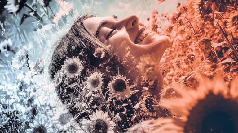 Double exposure of a smiling woman with eyes closed and a field of sunflowers under a clear sky: joy and nature concept.