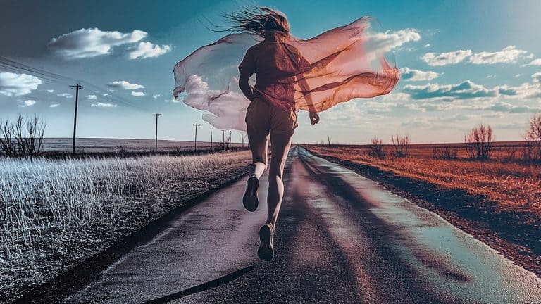 Double exposure of a woman running on an open road with a red scarf flowing behind her