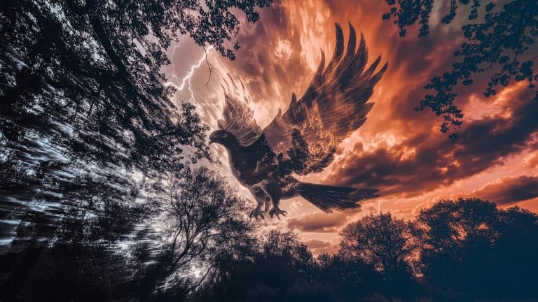 Double exposure of a silhouette of a large bird with outstretched wings against a fiery sky