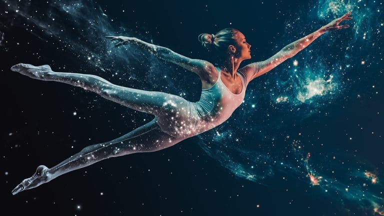 Double exposure of a ballet dancer in mid-leap and a starry galaxy background: grace and cosmic beauty concept.