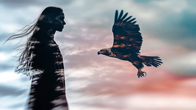 Double exposure of a silhouette of a woman with flowing hair against a cloudy sky