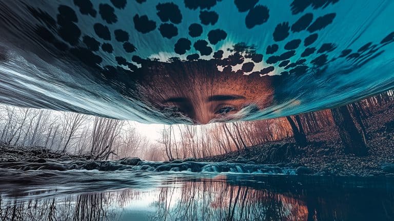 Double exposure of a woman's eyes with leopard spots overlay and a serene forest stream with bare trees: harmony with nature concept.