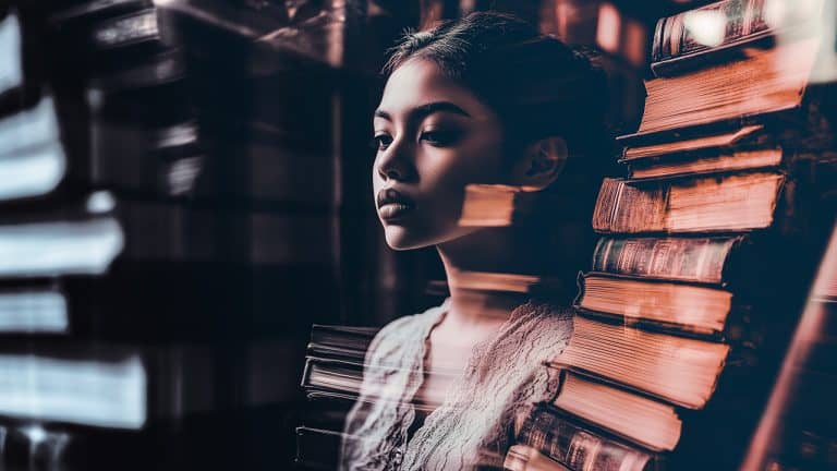 Double exposure of a thoughtful woman with a serene expression and stacks of vintage books: contemplation and knowledge concept.