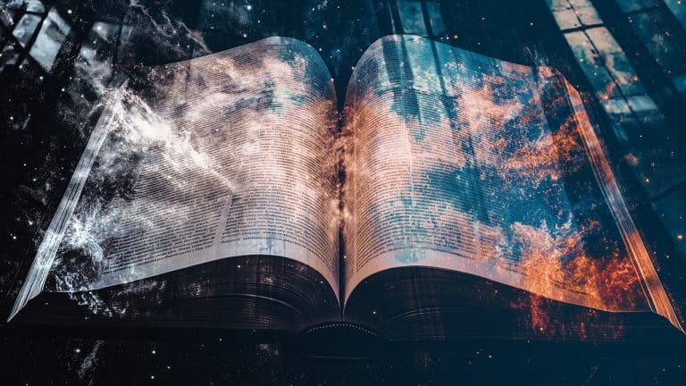 Double exposure of an open book with visible text and a colorful galaxy with stars and nebulae: imagination and knowledge concept.