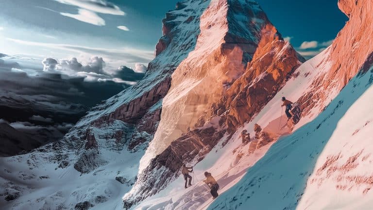 Double exposure of climbers ascending a snowy mountain slope and golden sunlight illuminating a rugged peak: adventure and perseverance concept.