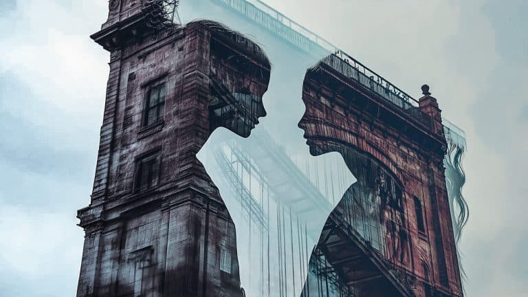 Double exposure of two women in silhouette facing each other and an architectural structure resembling a bridge tower: reflection and connection concept.