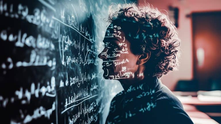 Double exposure of a person looking at a chalkboard filled with mathematical equations