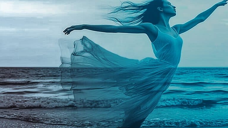 Double exposure of a woman dancing gracefully in a flowing dress by the ocean