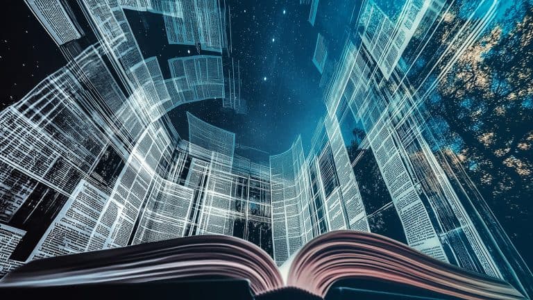 Double exposure of an open book with fanned pages and digital pages blending into a starry night sky: knowledge and imagination concept.