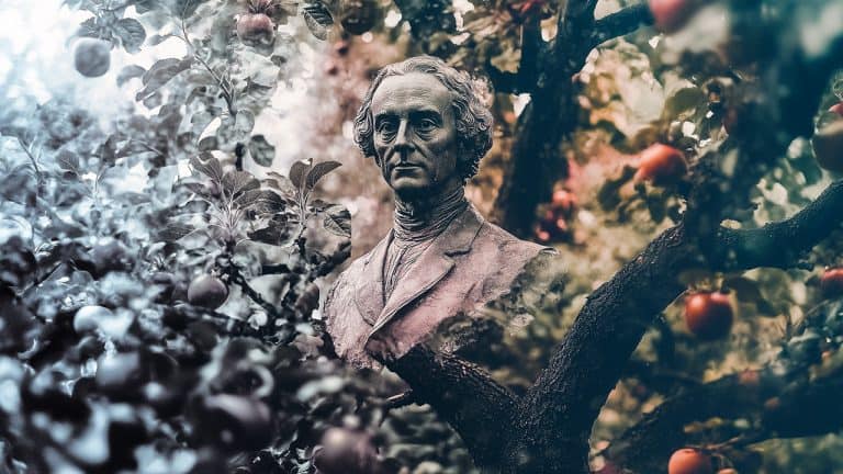 Double exposure of a bust of a man in classical attire and an apple tree with ripe apples: knowledge and nature concept.