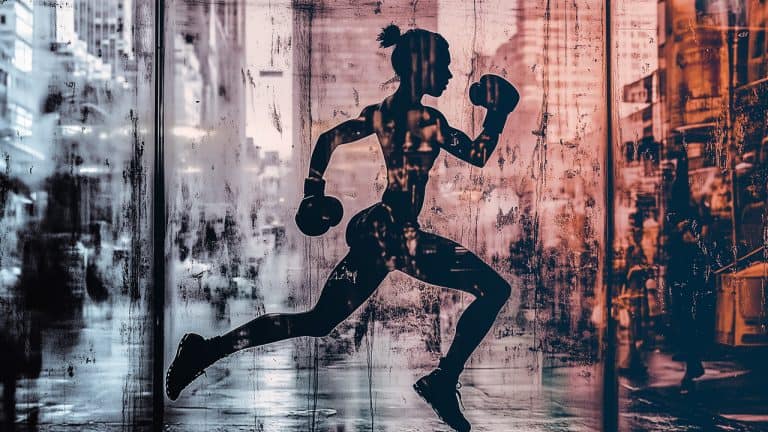 Double exposure of a silhouette of a boxer in motion and a bustling city street with blurred figures: strength and urban life concept.