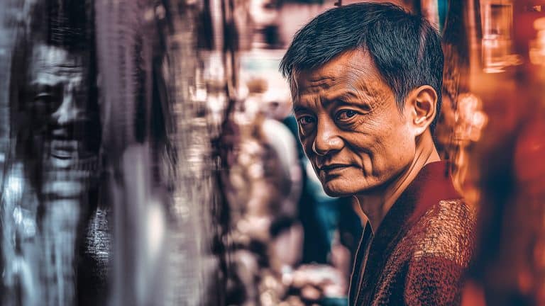 Double exposure of a man with a contemplative look amidst distorted reflections of his face