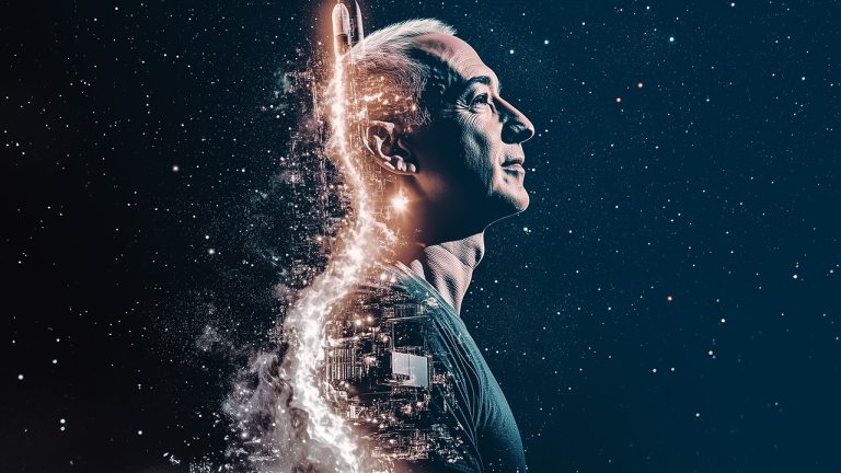 Double exposure of a man gazing upward with a contemplative expression