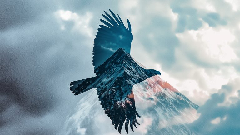 Double exposure of an eagle in flight and a snow-capped mountain peak: freedom and strength concept.