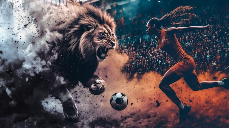 Double exposure of a roaring lion in a cloud of orange dust and a female soccer player sprinting towards a ball: power and determination concept.