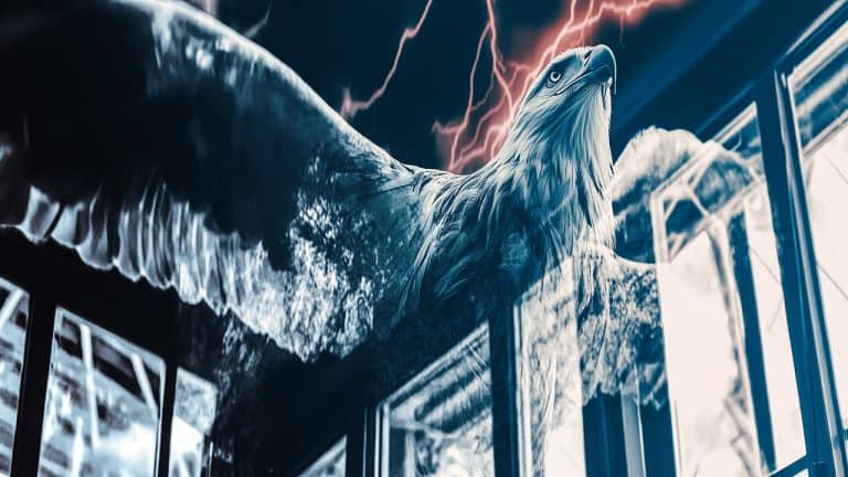 Double exposure of an eagle with wings spread wide and a stormy sky with lightning: freedom and power concept.