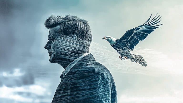 Double exposure of a man’s profile with wind-like textures across his face and a bald eagle soaring beside him: strength and freedom concept.