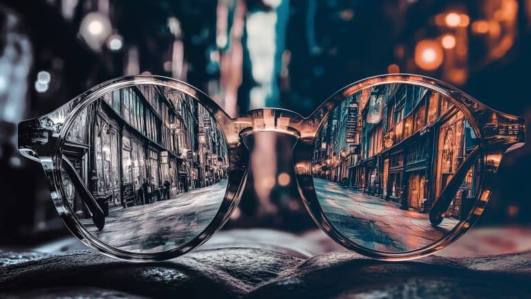 Double exposure of a vintage street with glowing shop windows reflected in round eyeglasses: perspective and nostalgia concept.