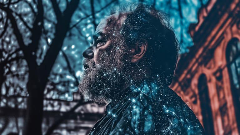 Double exposure of a thoughtful man with a beard in profile and a night sky filled with stars and constellations: contemplation and cosmic connection concept.
