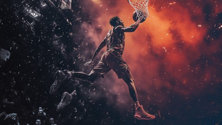 Double exposure of a basketball player performing a slam dunk against a vibrant red background with dynamic lighting: power and intensity concept.