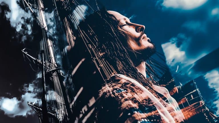 Double exposure of a man with long hair embracing the breeze