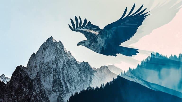 Double exposure of a soaring eagle silhouette and a snow-covered mountain range: freedom and majesty concept.