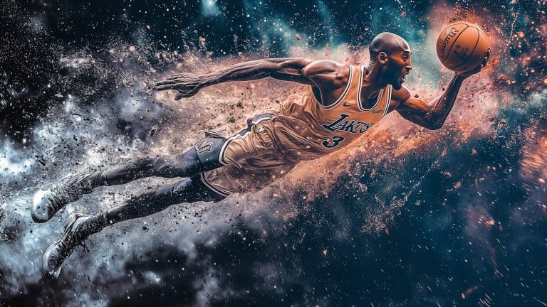 Double exposure of a basketball player in mid-air reaching out with intense focus
