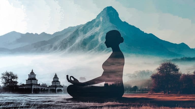 Double exposure of a silhouette of a woman meditating and a misty landscape with mountains and temples: tranquility and mindfulness concept.