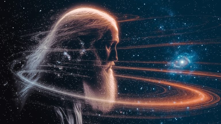 Double exposure of a bearded man with glowing hair in profile