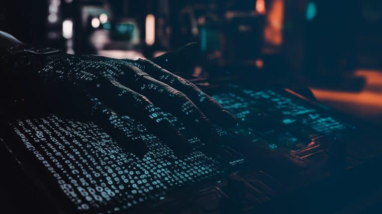 Double exposure of a hand with glowing digital code overlaying a futuristic control panel with illuminated text: technology and innovation concept.