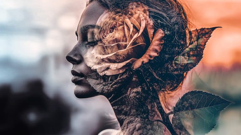 Double exposure of a woman's serene profile against a soft background